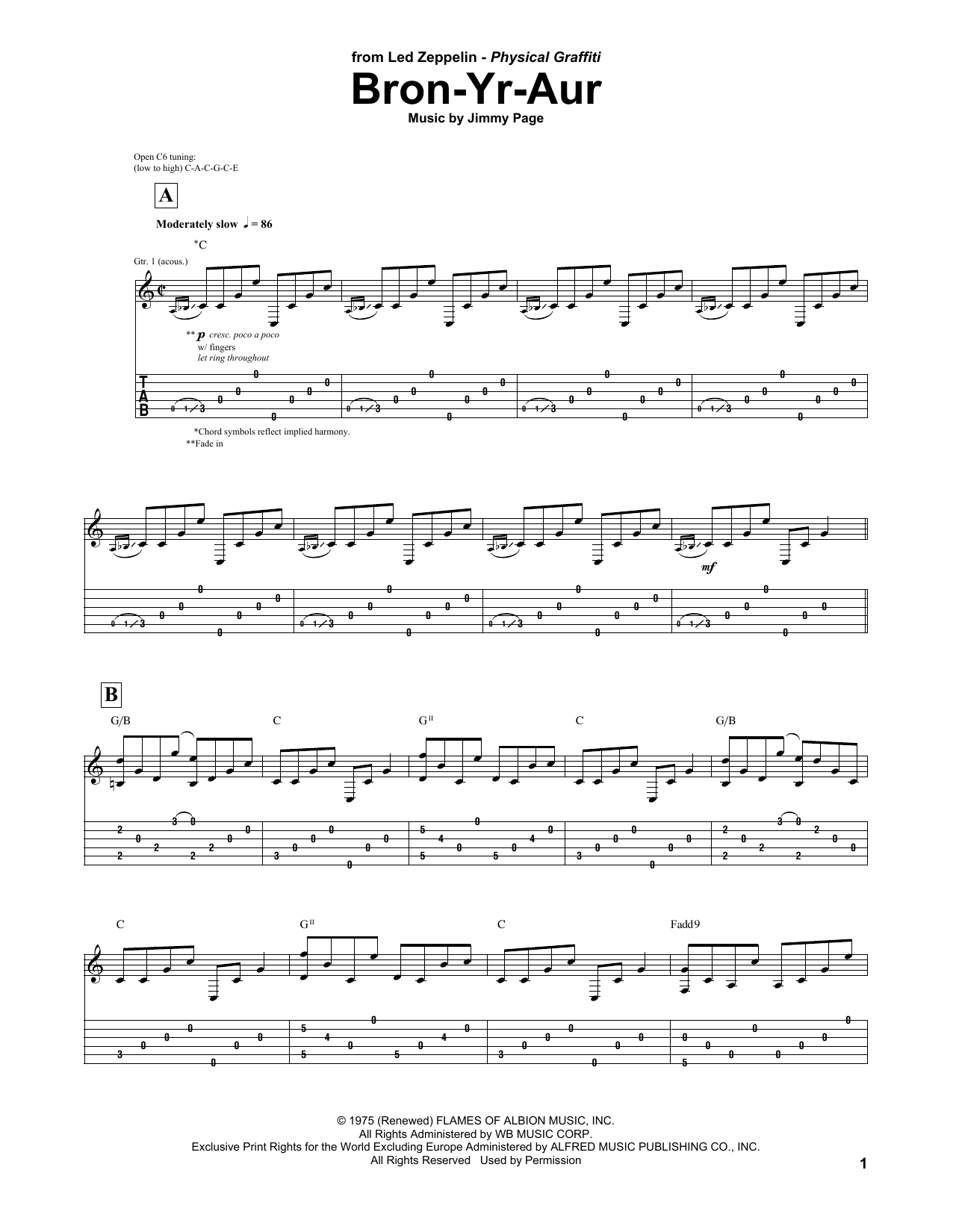 Download Led Zeppelin Bron-Yr-Aur Sheet Music and learn how to play Guitar Tab PDF digital score in minutes