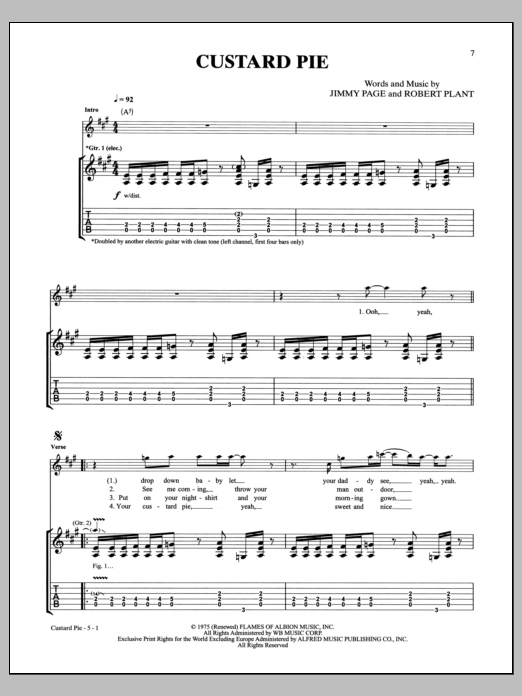 Download Led Zeppelin Custard Pie Sheet Music and learn how to play Guitar Tab PDF digital score in minutes