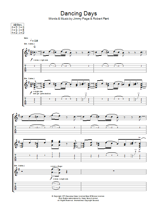 Download Led Zeppelin Dancing Days Sheet Music and learn how to play Guitar Tab PDF digital score in minutes