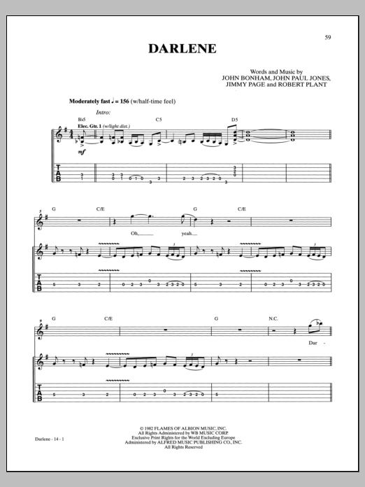 Download Led Zeppelin Darlene Sheet Music and learn how to play Guitar Tab PDF digital score in minutes