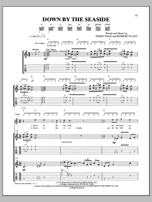 Download Led Zeppelin Down By The Seaside Sheet Music and learn how to play Guitar Tab PDF digital score in minutes