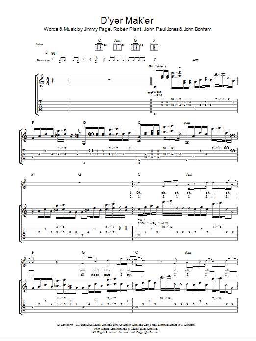 Download Led Zeppelin D'yer Mak'er Sheet Music and learn how to play Piano, Vocal & Guitar PDF digital score in minutes