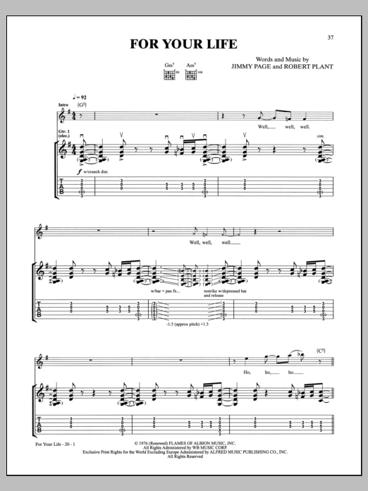 Download Led Zeppelin For Your Life Sheet Music and learn how to play Guitar Tab PDF digital score in minutes