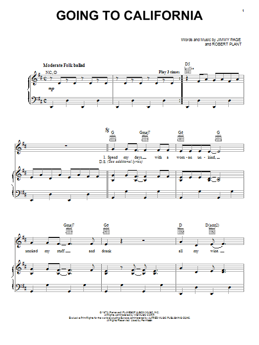 Download Led Zeppelin Going To California Sheet Music and learn how to play Lyrics & Chords PDF digital score in minutes