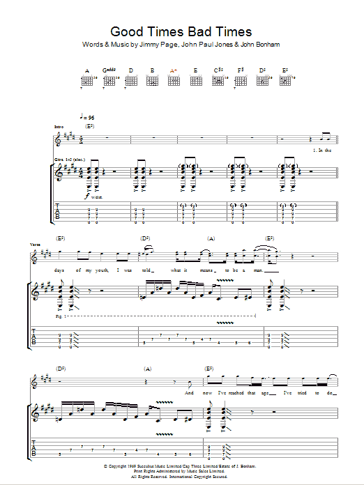 Download Led Zeppelin Good Times Bad Times Sheet Music and learn how to play Guitar Tab PDF digital score in minutes