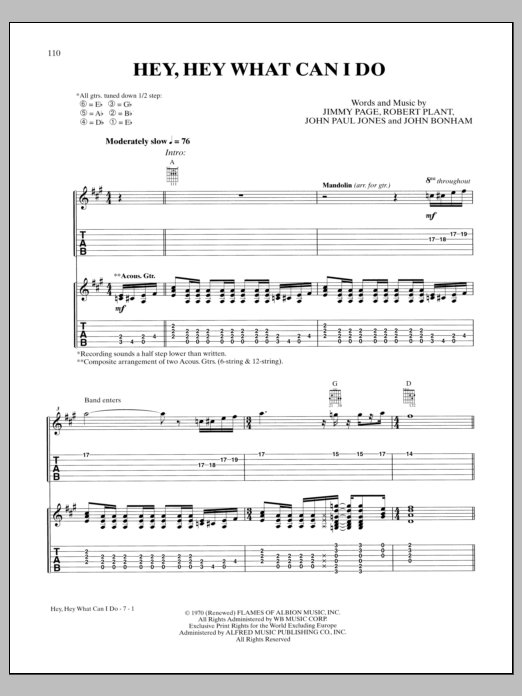 Download Led Zeppelin Hey Hey What Can I Do Sheet Music and learn how to play Guitar Tab PDF digital score in minutes