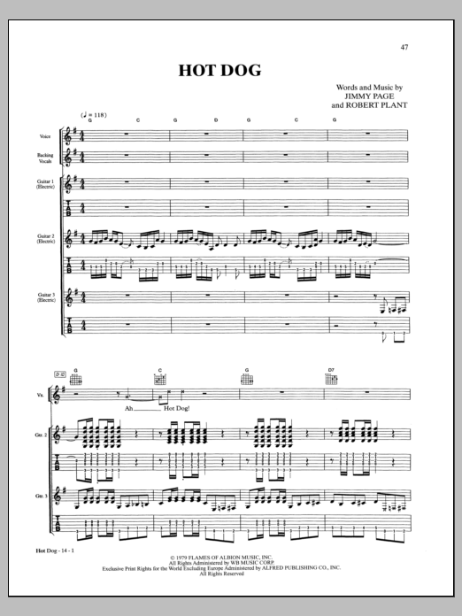 Download Led Zeppelin Hot Dog Sheet Music and learn how to play Guitar Tab PDF digital score in minutes