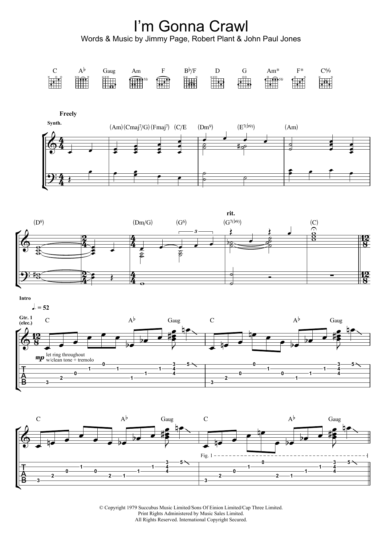 Download Led Zeppelin I'm Gonna Crawl Sheet Music and learn how to play Guitar Tab PDF digital score in minutes
