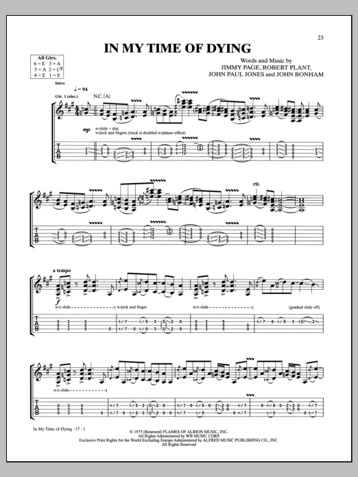 Download Led Zeppelin In My Time Of Dying Sheet Music and learn how to play Guitar Tab PDF digital score in minutes