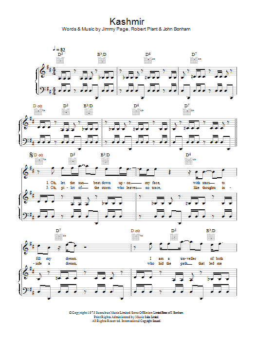Download Led Zeppelin Kashmir Sheet Music and learn how to play Piano, Vocal & Guitar (Right-Hand Melody) PDF digital score in minutes