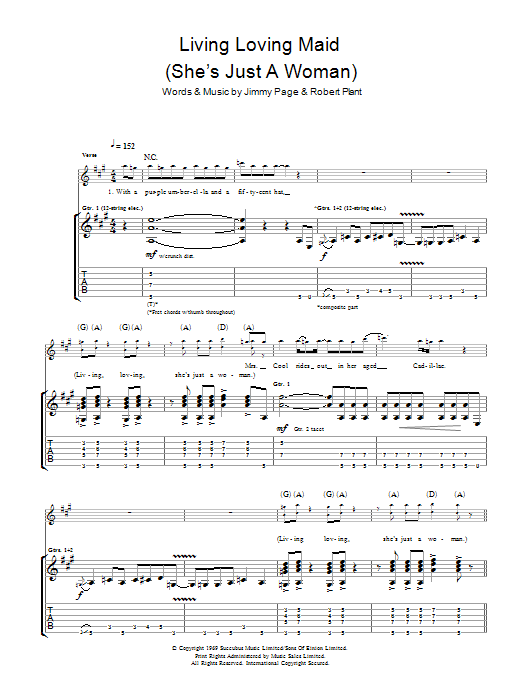 Download Led Zeppelin Living Loving Maid (She's Just A Woman) Sheet Music and learn how to play Guitar Tab PDF digital score in minutes