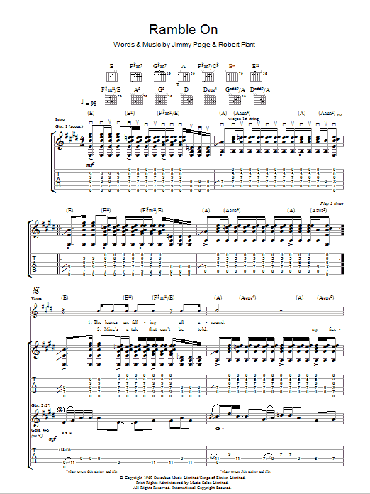 Download Led Zeppelin Ramble On Sheet Music and learn how to play Piano, Vocal & Guitar PDF digital score in minutes