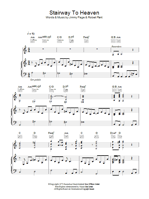 Download Led Zeppelin Stairway To Heaven Sheet Music and learn how to play Piano, Vocal & Guitar (Right-Hand Melody) PDF digital score in minutes