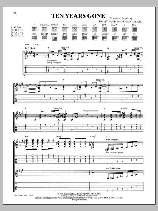 Download Led Zeppelin Ten Years Gone Sheet Music and learn how to play Guitar Tab PDF digital score in minutes