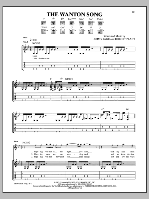 Download Led Zeppelin The Wanton Song Sheet Music and learn how to play Guitar Tab PDF digital score in minutes