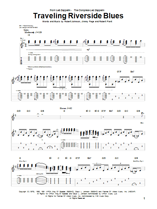 Download Led Zeppelin Traveling Riverside Blues Sheet Music and learn how to play Guitar Tab PDF digital score in minutes