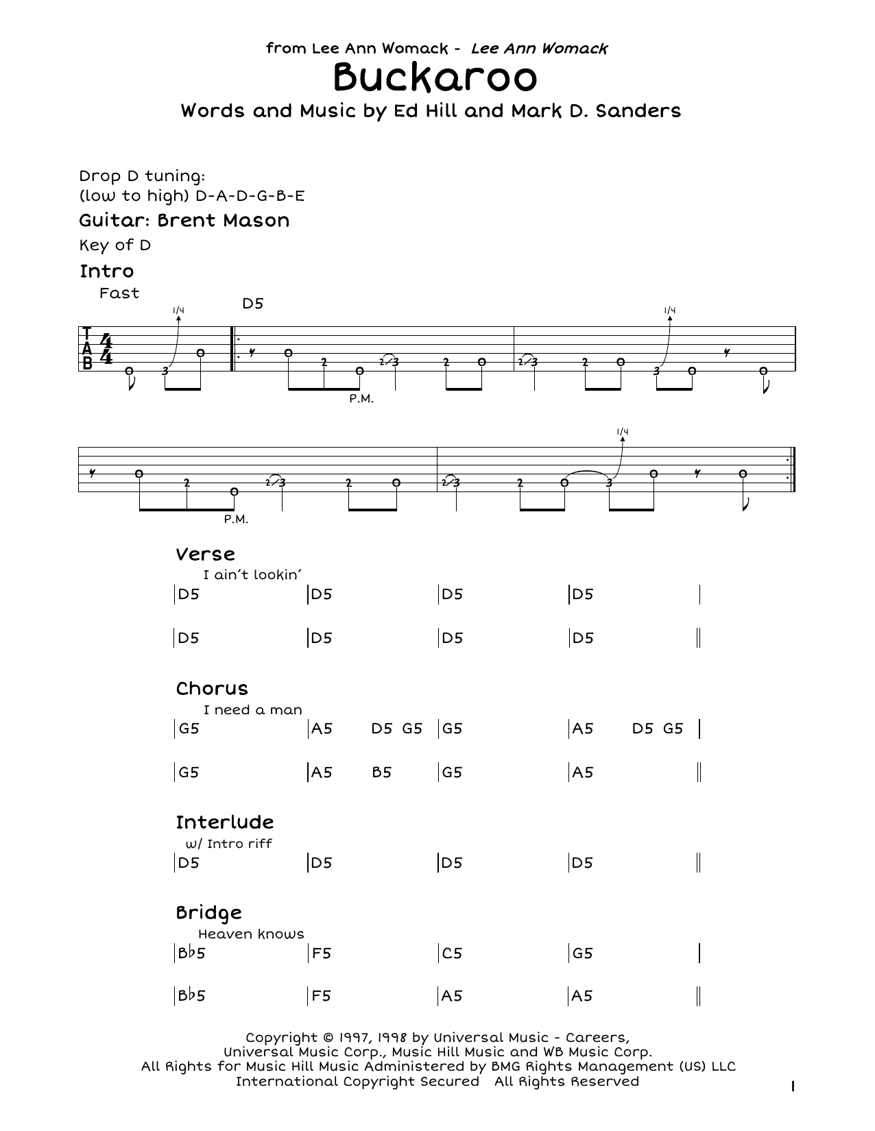 Download Lee Ann Womack Buckaroo Sheet Music and learn how to play Guitar Tab PDF digital score in minutes