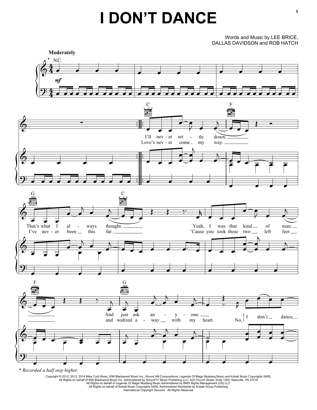 Download Lee Brice I Don't Dance Sheet Music and learn how to play Piano, Vocal & Guitar (Right-Hand Melody) PDF digital score in minutes