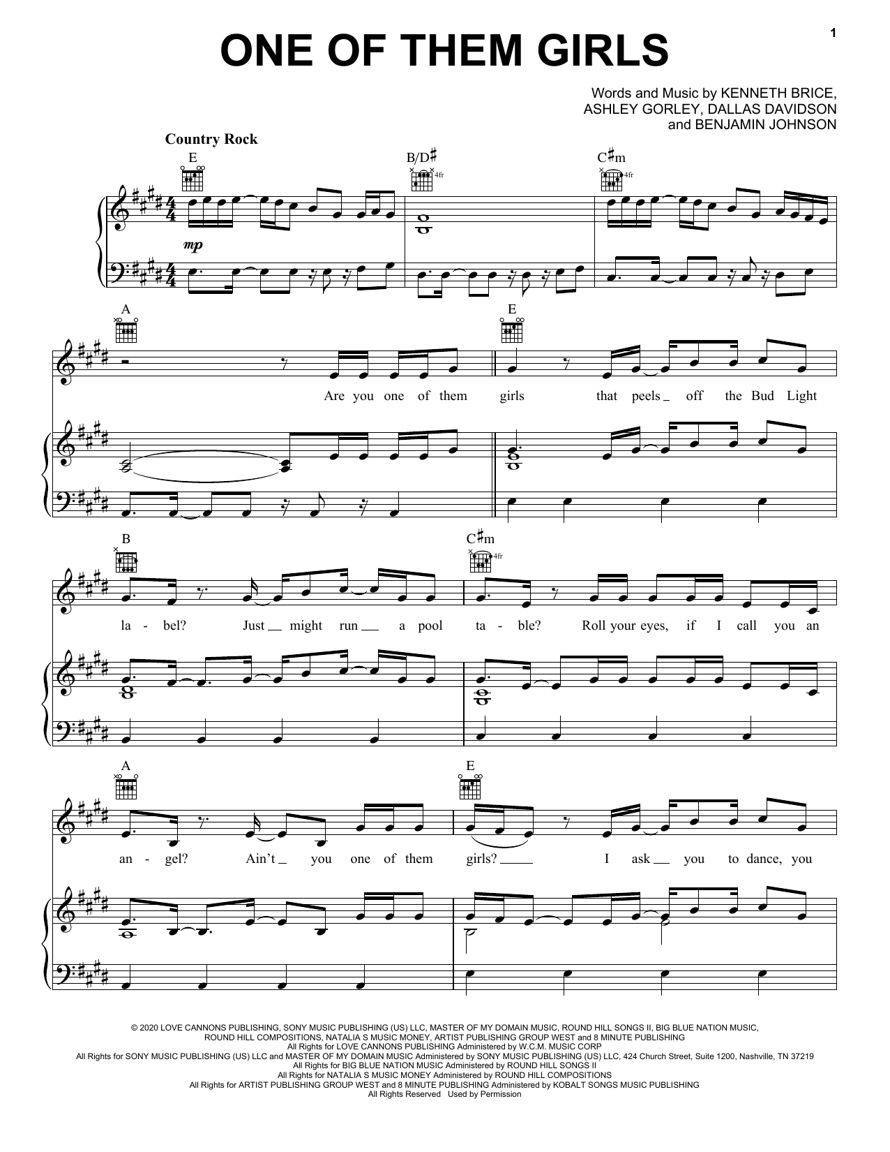 Download Lee Brice One Of Them Girls Sheet Music and learn how to play Piano, Vocal & Guitar Chords (Right-Hand Melody) PDF digital score in minutes