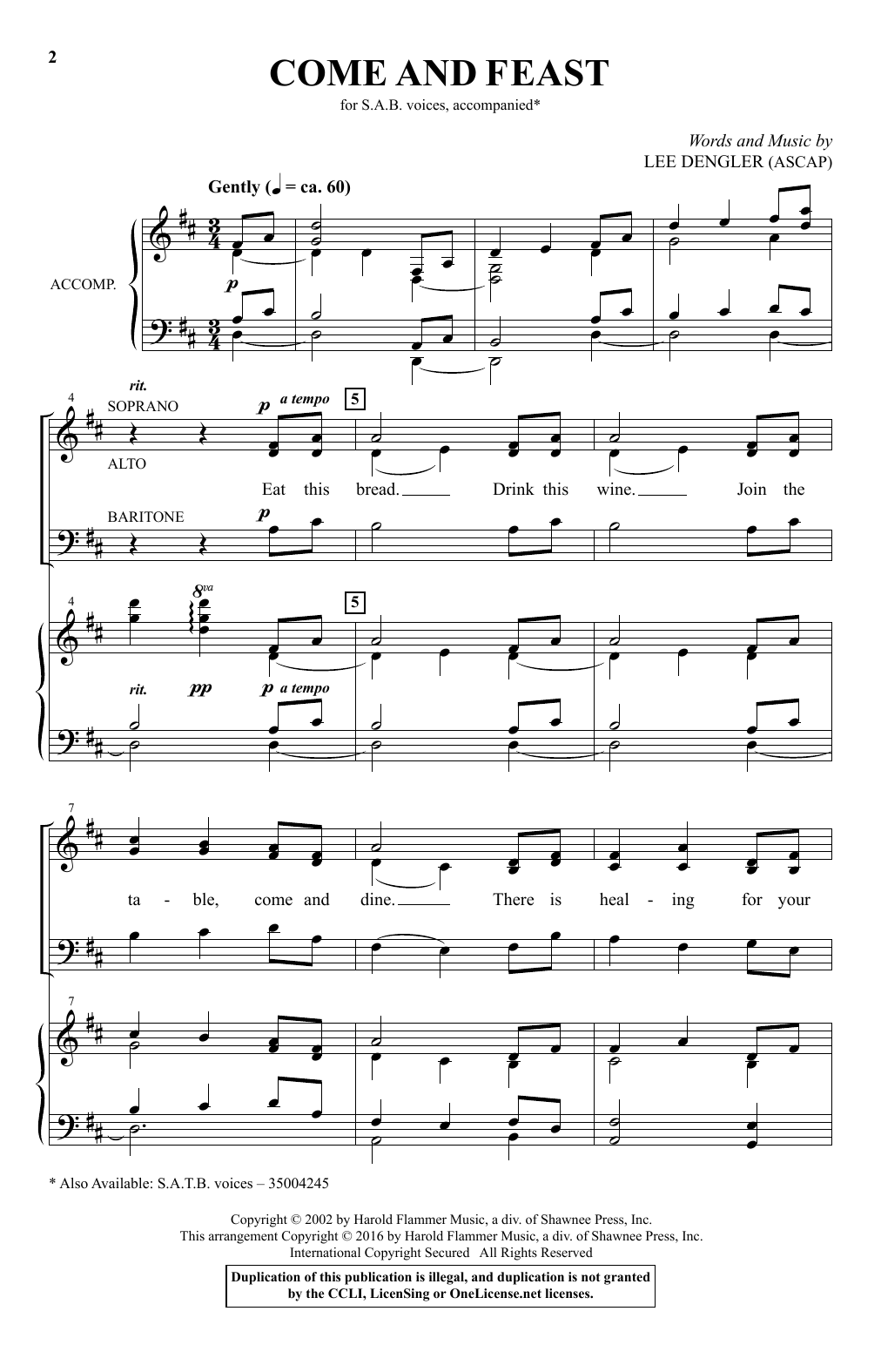 Download Lee Dengler Come And Feast Sheet Music and learn how to play SAB PDF digital score in minutes
