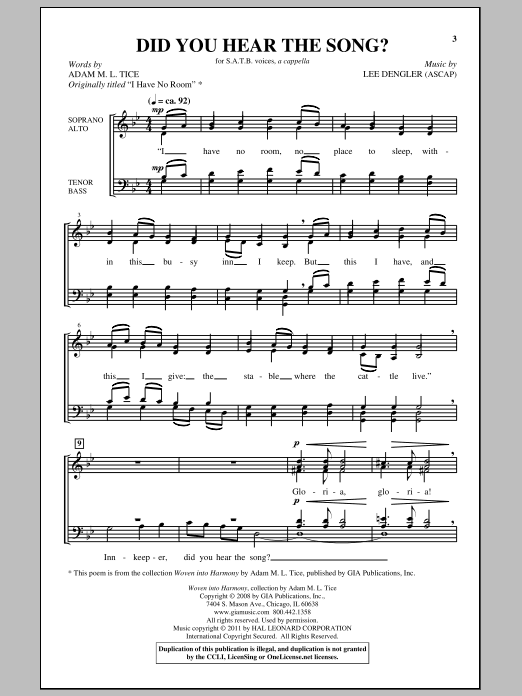 Download Lee Dengler Did You Hear The Song? Sheet Music and learn how to play SATB PDF digital score in minutes