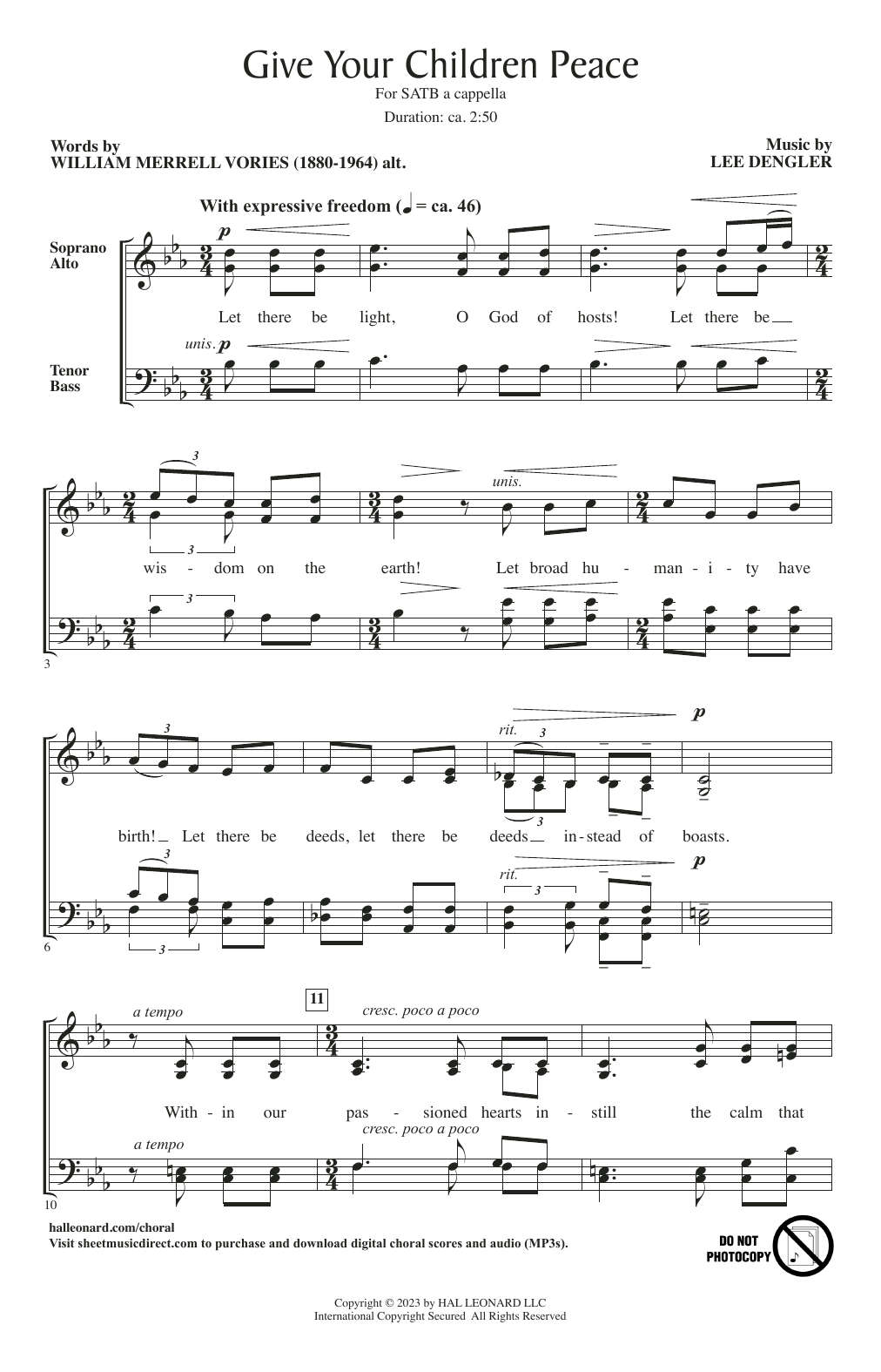 Download Lee Dengler Give Your Children Peace Sheet Music and learn how to play SATB Choir PDF digital score in minutes