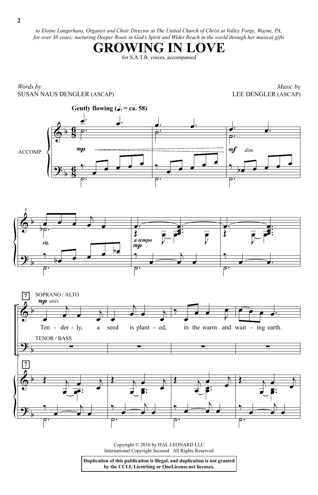 Download Lee Dengler Growing In Love Sheet Music and learn how to play SATB PDF digital score in minutes