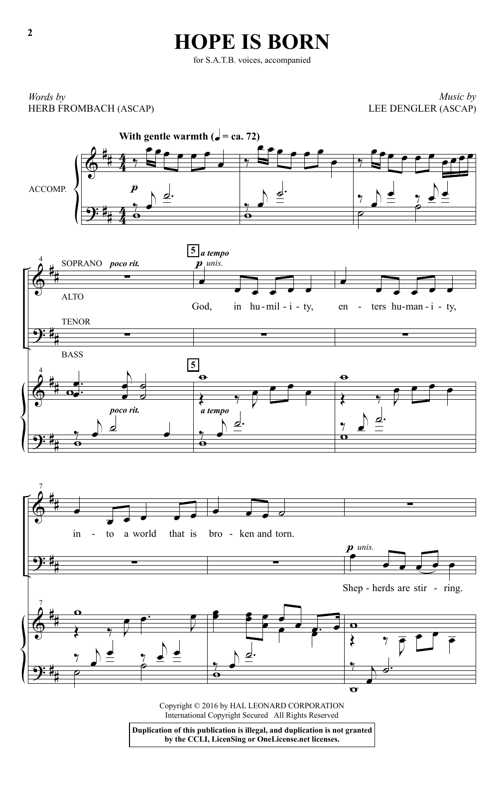 Download Lee Dengler Hope Is Born Sheet Music and learn how to play SATB PDF digital score in minutes