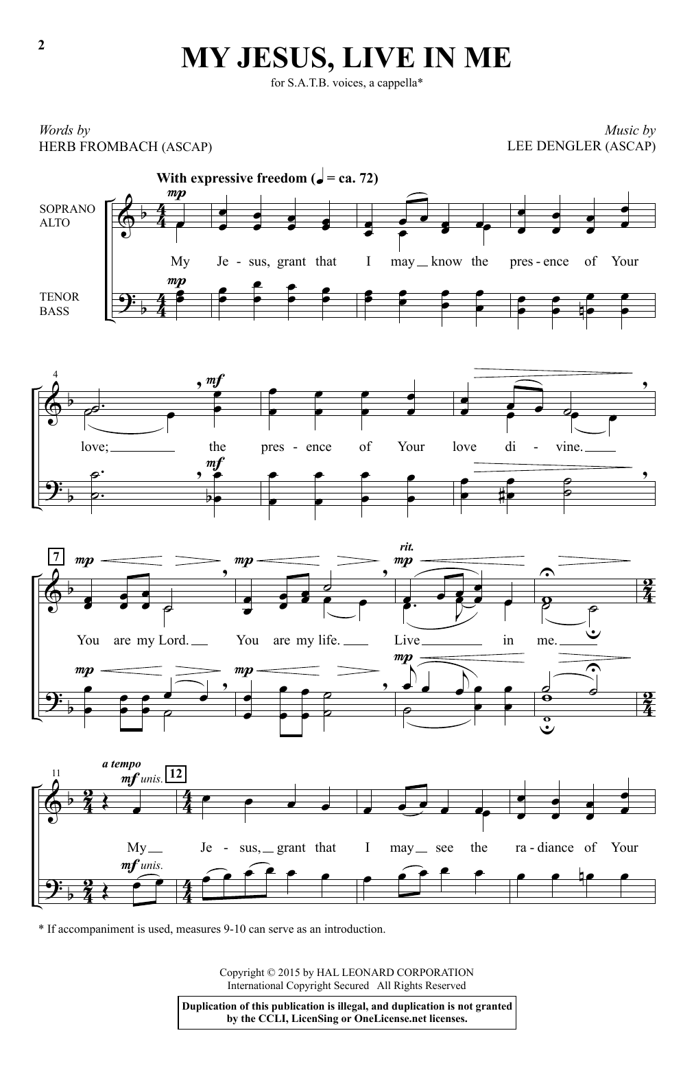 Download Lee Dengler My Jesus, Live In Me Sheet Music and learn how to play SATB PDF digital score in minutes