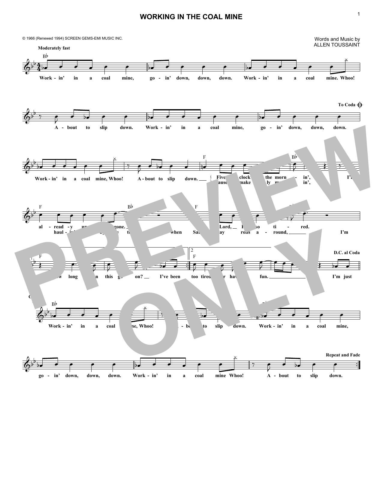 Download Lee Dorsey Working In The Coal Mine Sheet Music and learn how to play Real Book – Melody & Chords PDF digital score in minutes