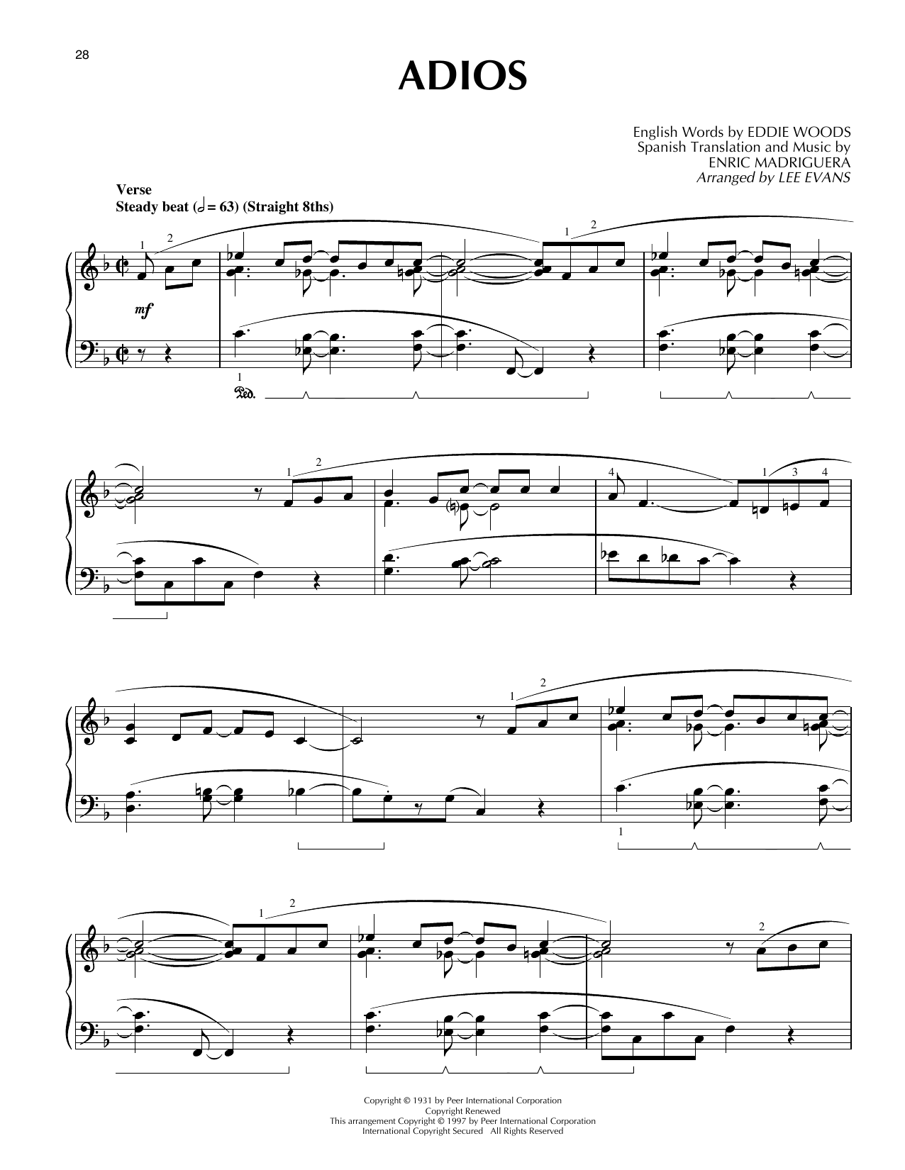 Download Lee Evans Adios Sheet Music and learn how to play Piano Solo PDF digital score in minutes