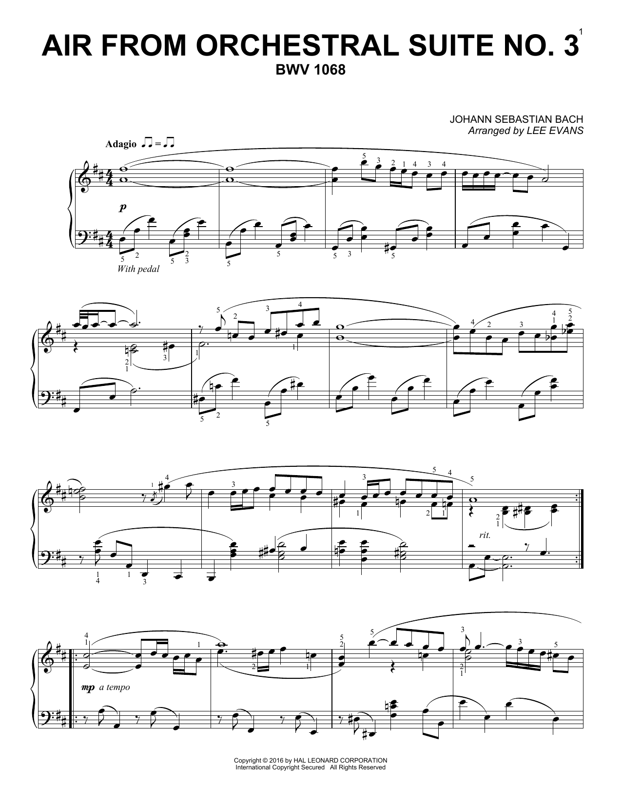 Download Lee Evans Air From Suite No. 3 In D Sheet Music and learn how to play Piano PDF digital score in minutes