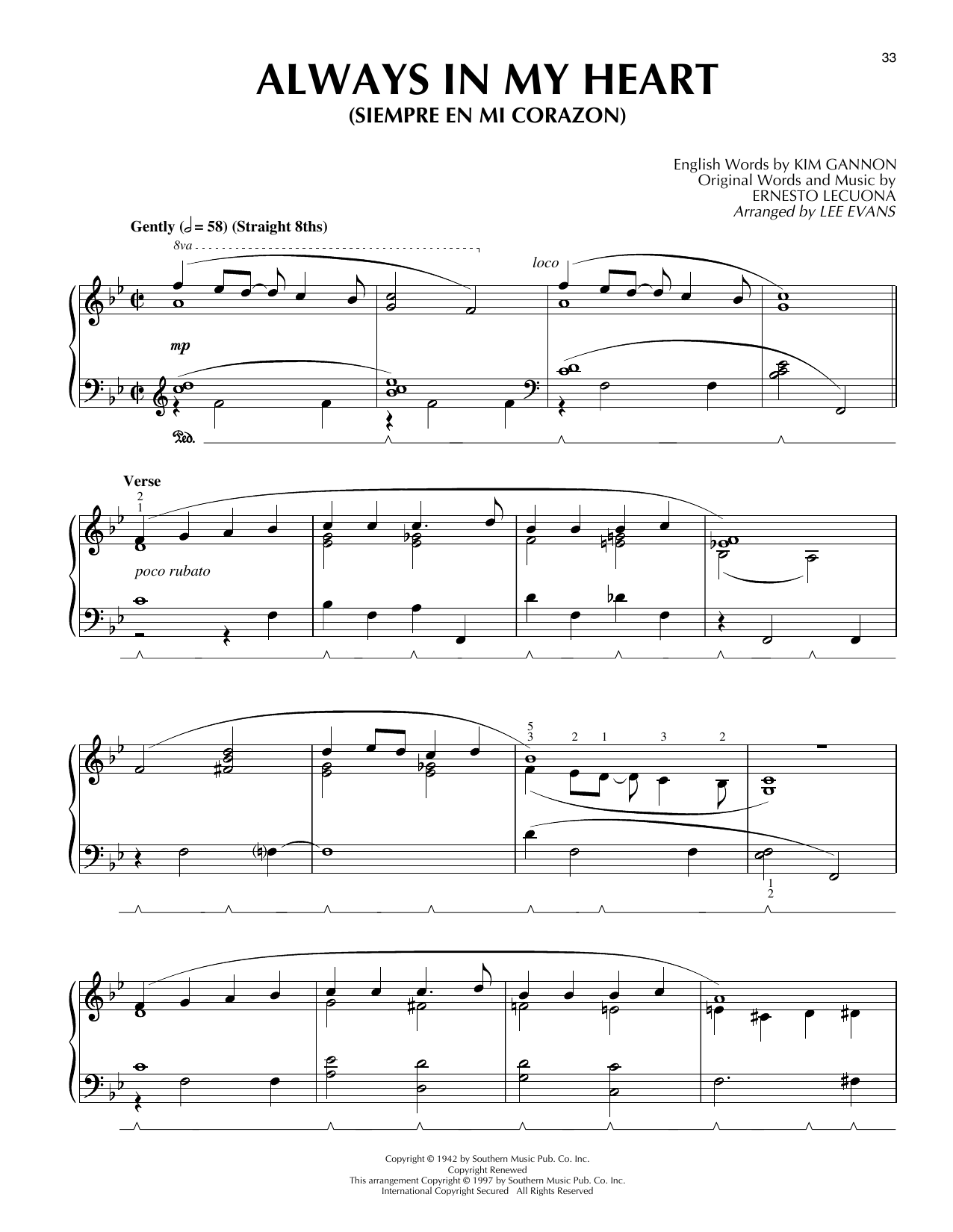 Download Lee Evans Always In My Heart (Siempre En Mi Corazon) Sheet Music and learn how to play Piano Solo PDF digital score in minutes