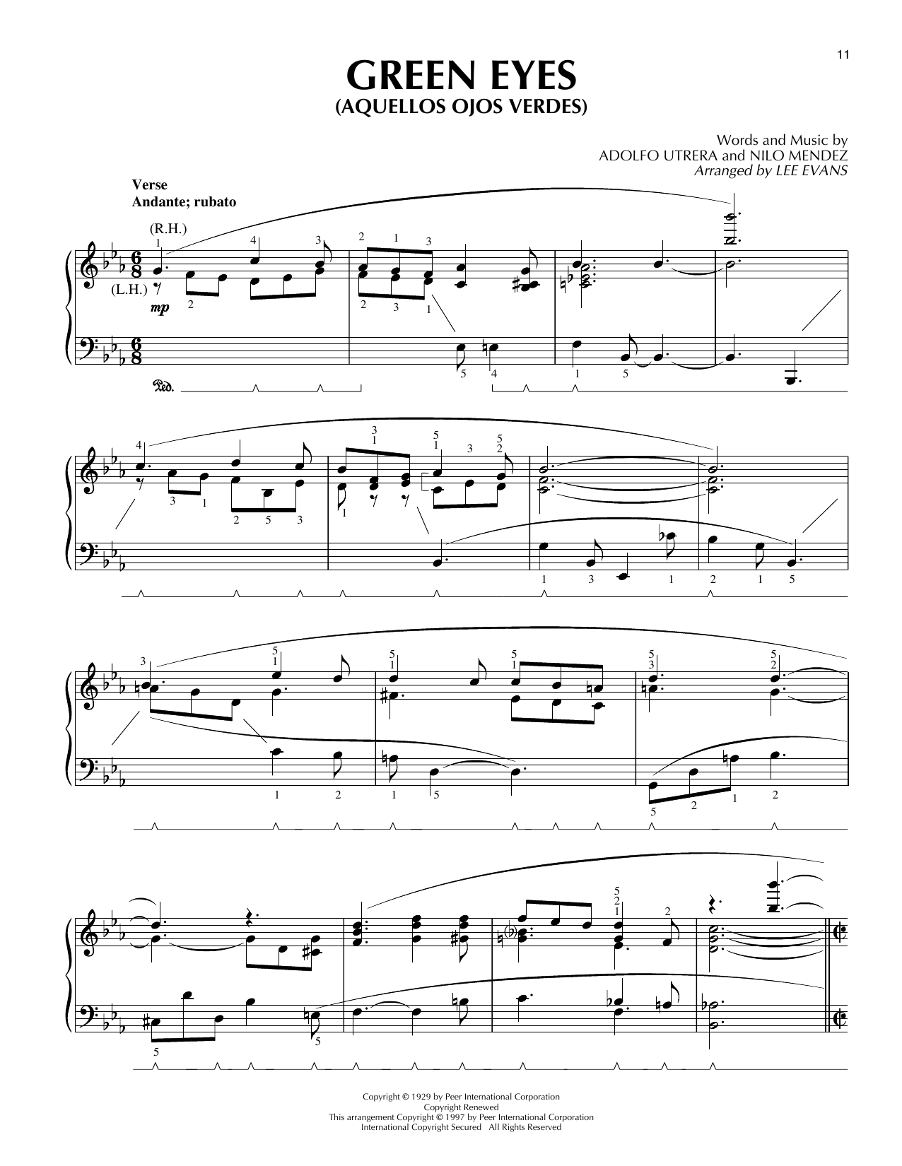 Download Lee Evans Aquellos Ojos Verdes (Green Eyes) Sheet Music and learn how to play Piano Solo PDF digital score in minutes