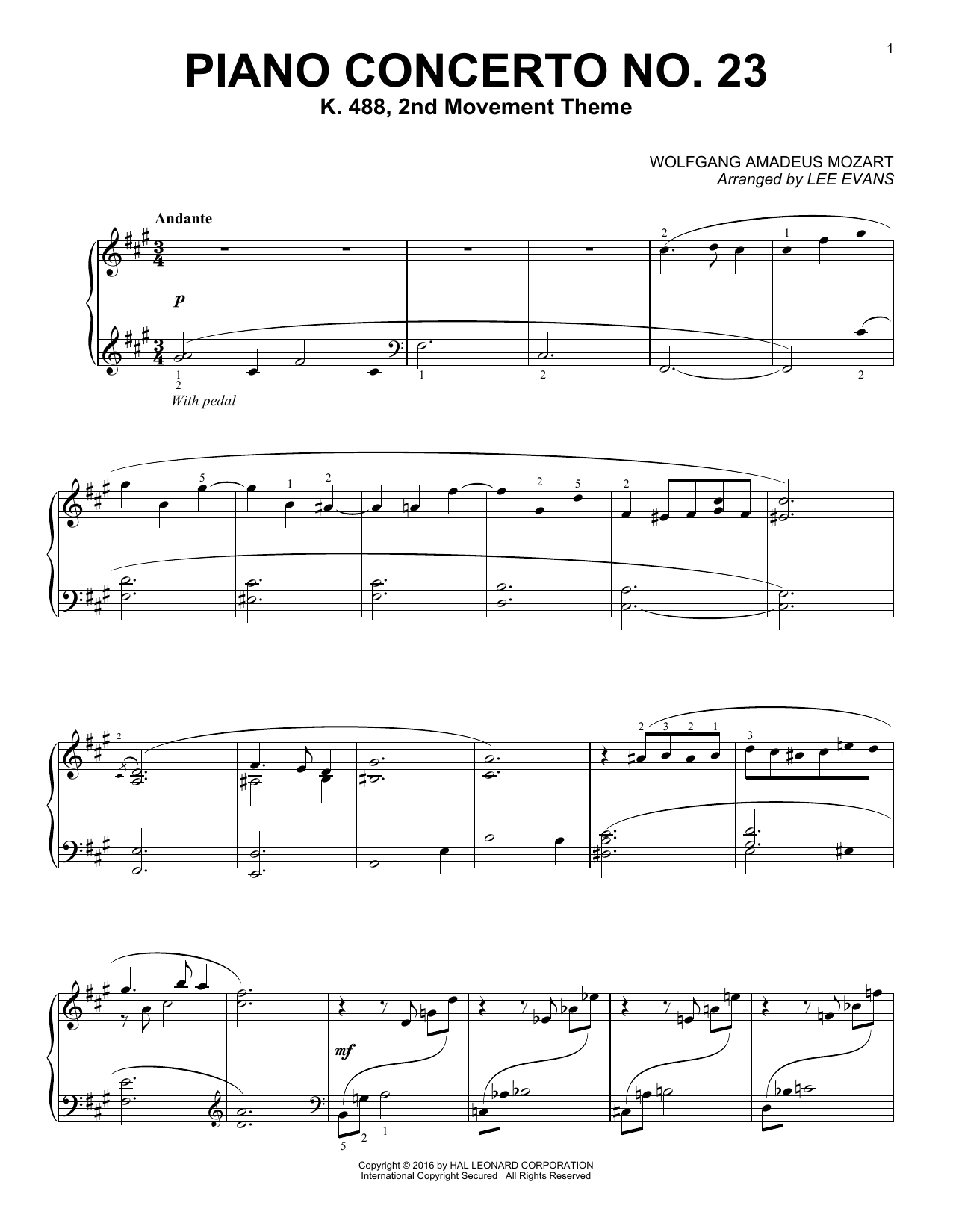 Download Lee Evans Piano Concerto In A Major, K.488, 2nd Movement Sheet Music and learn how to play Piano PDF digital score in minutes