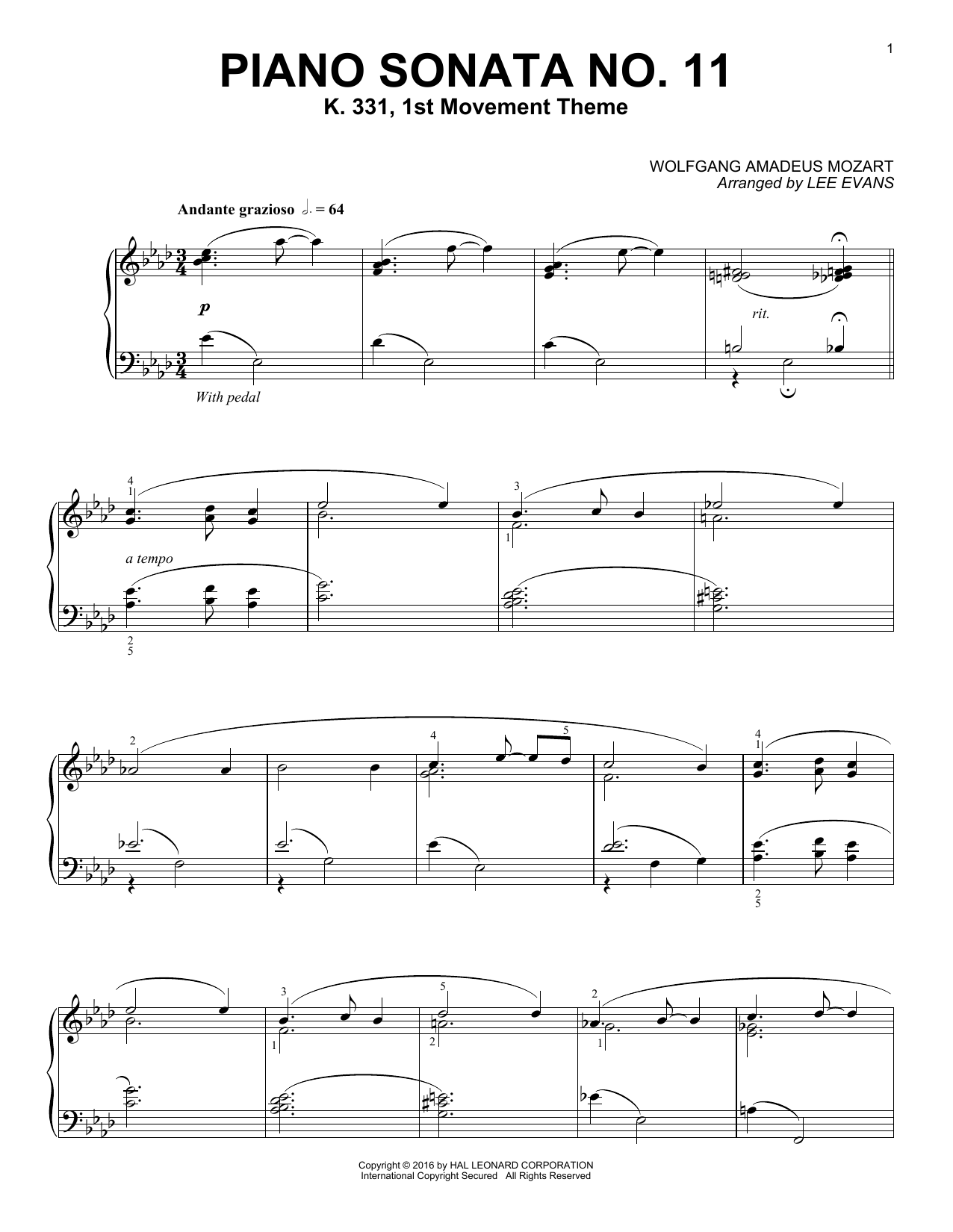 Download Lee Evans Piano Sonata In A Major, K.331, 1st Movement Sheet Music and learn how to play Piano PDF digital score in minutes