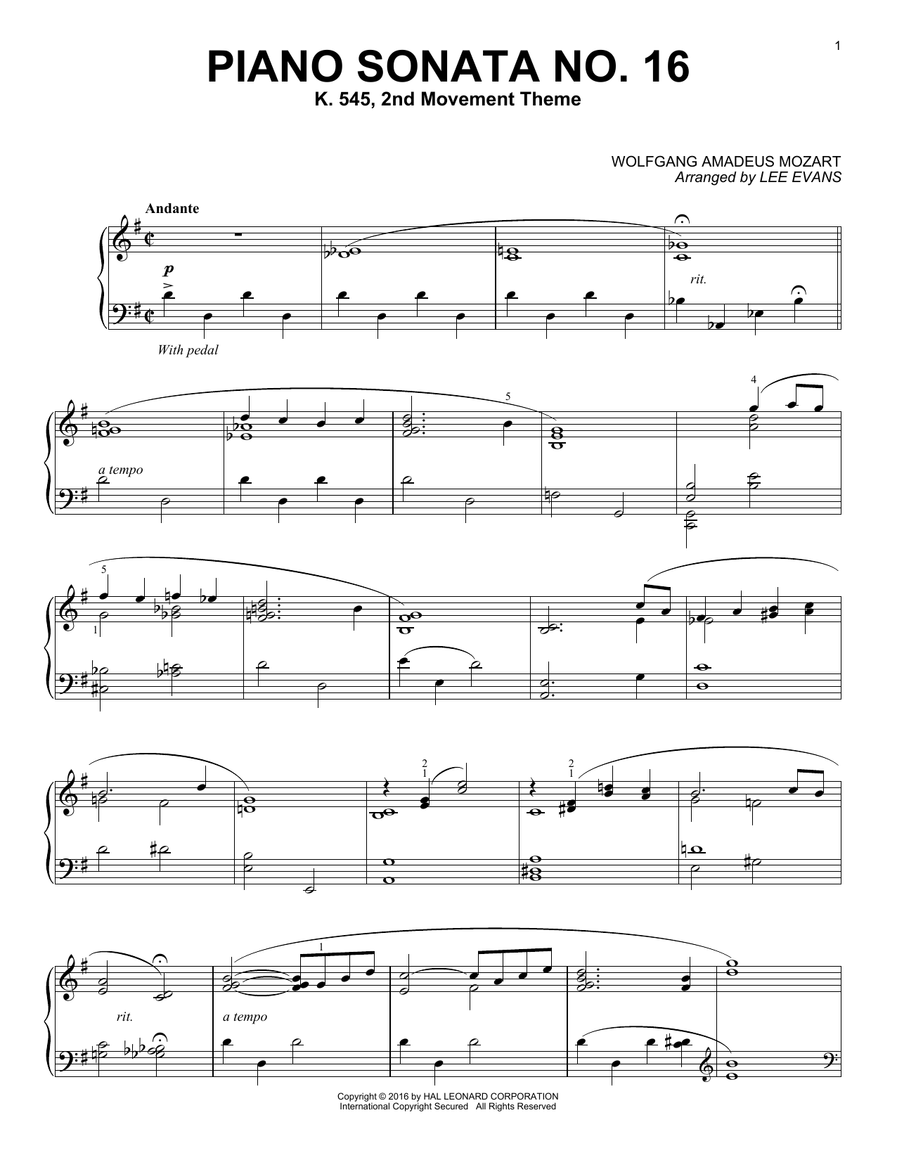 Download Lee Evans Piano Sonata In C Major, K.545, 2nd Movement Sheet Music and learn how to play Piano PDF digital score in minutes