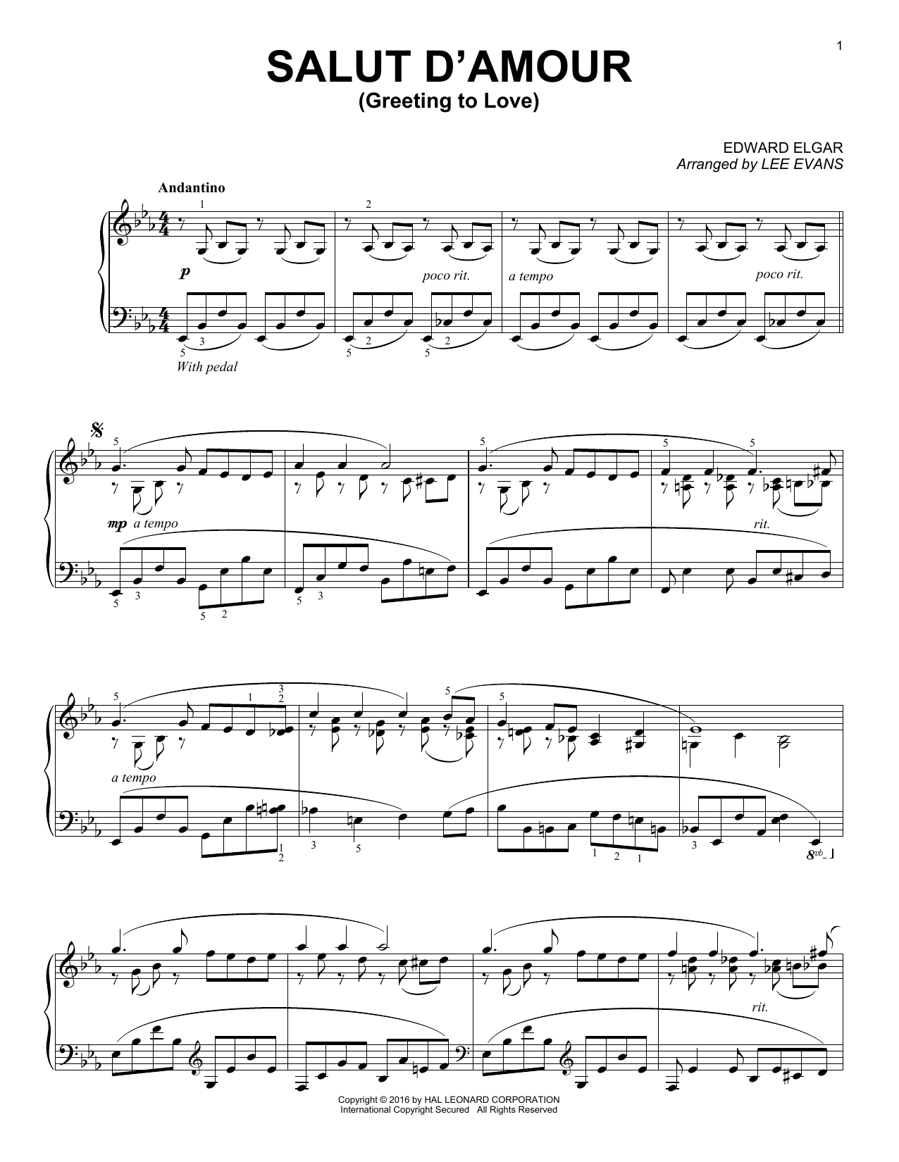 Download Lee Evans Salut D'amour (Greeting To Love) Sheet Music and learn how to play Piano PDF digital score in minutes