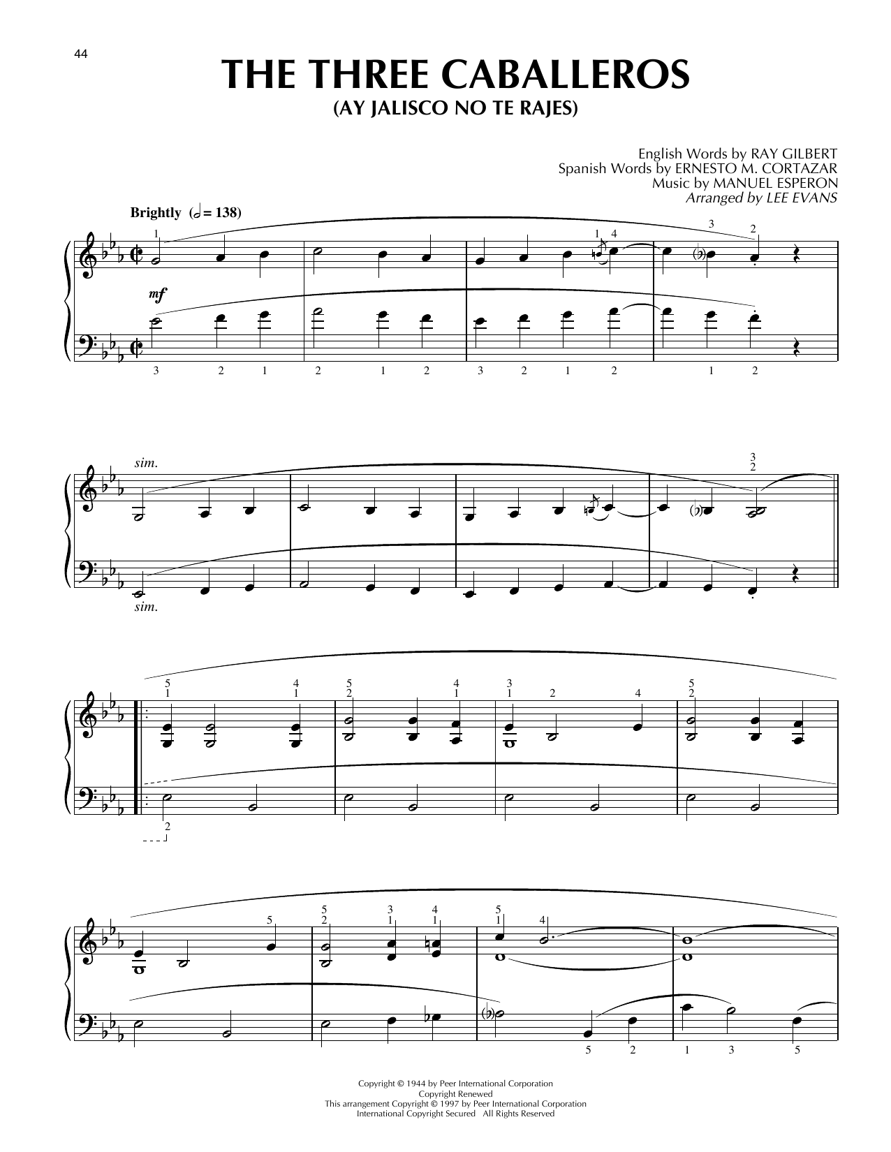Download Lee Evans The Three Caballeros (Ay Jalisco No Te Rajes) Sheet Music and learn how to play Piano Solo PDF digital score in minutes