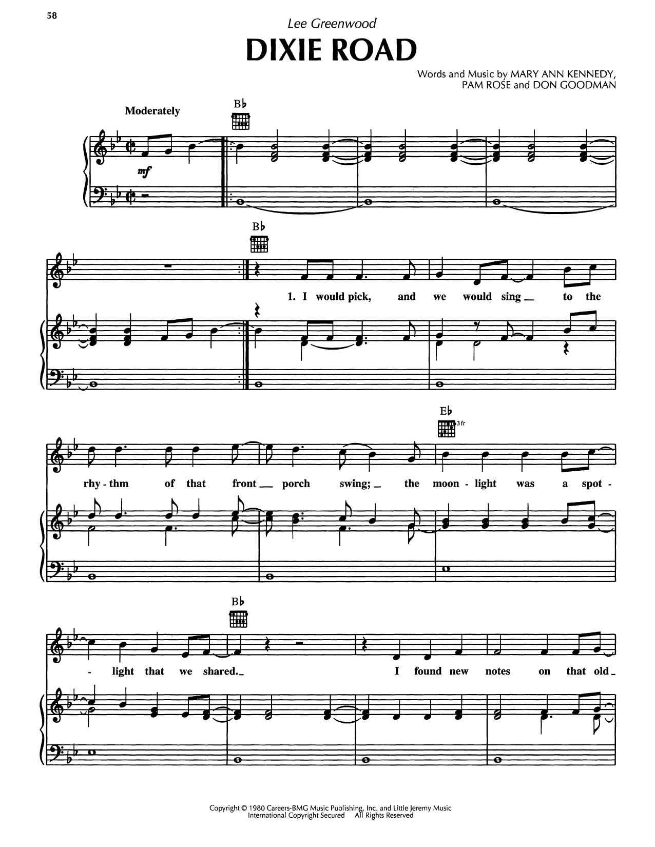 Download Lee Greenwood Dixie Road Sheet Music and learn how to play Piano, Vocal & Guitar Chords (Right-Hand Melody) PDF digital score in minutes