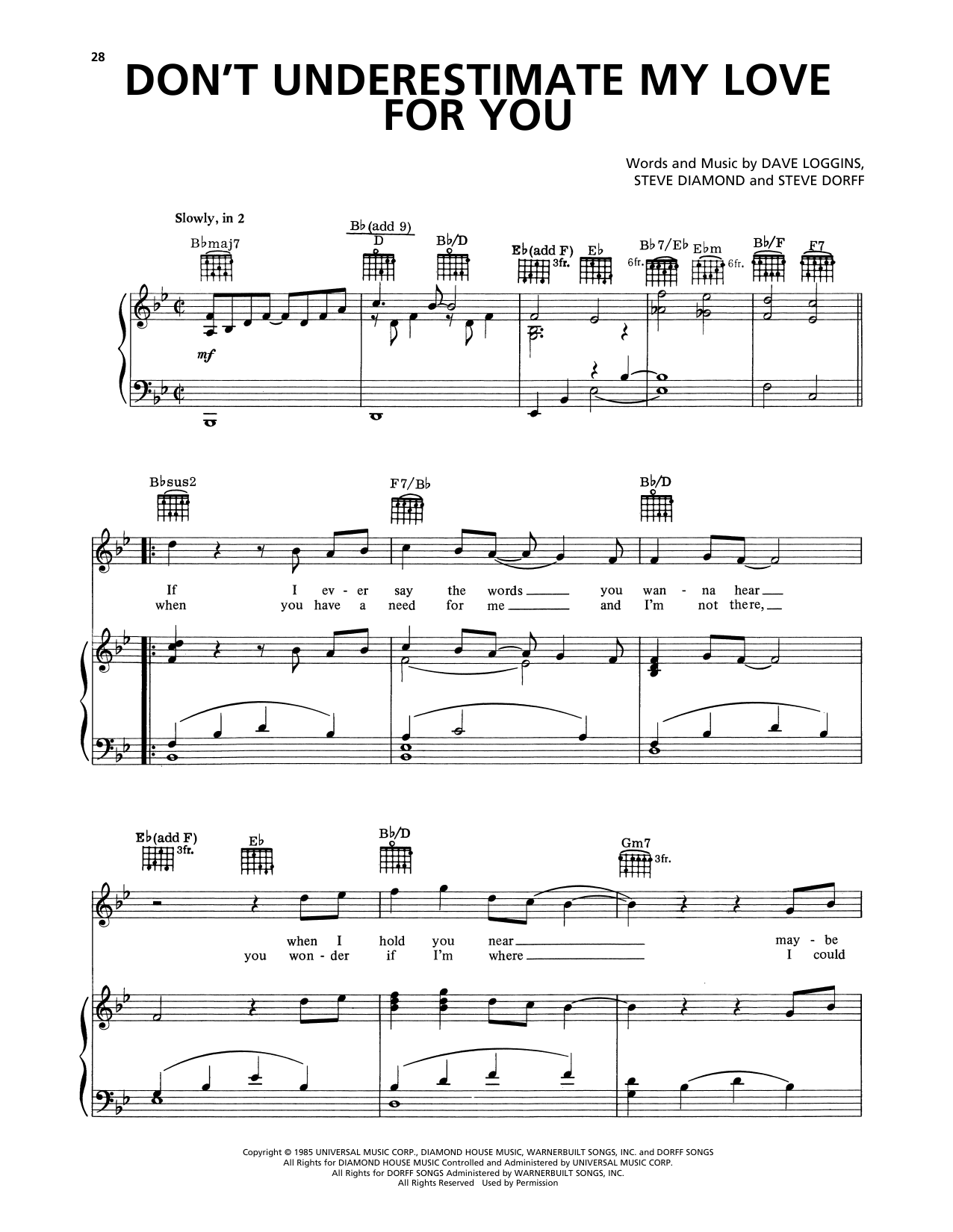 Download Lee Greenwood Don't Underestimate My Love For You Sheet Music and learn how to play Piano, Vocal & Guitar Chords (Right-Hand Melody) PDF digital score in minutes