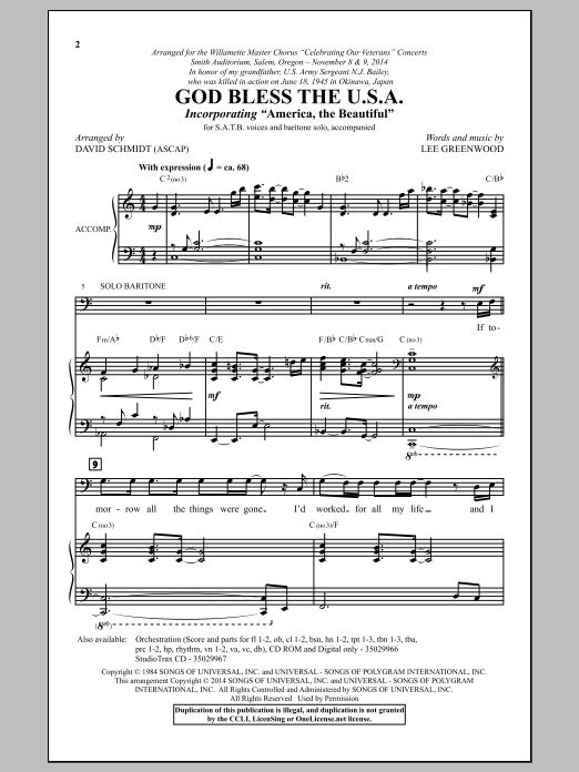 Download Lee Greenwood God Bless The U.S.A. (arr. David Schmidt) Sheet Music and learn how to play SATB PDF digital score in minutes
