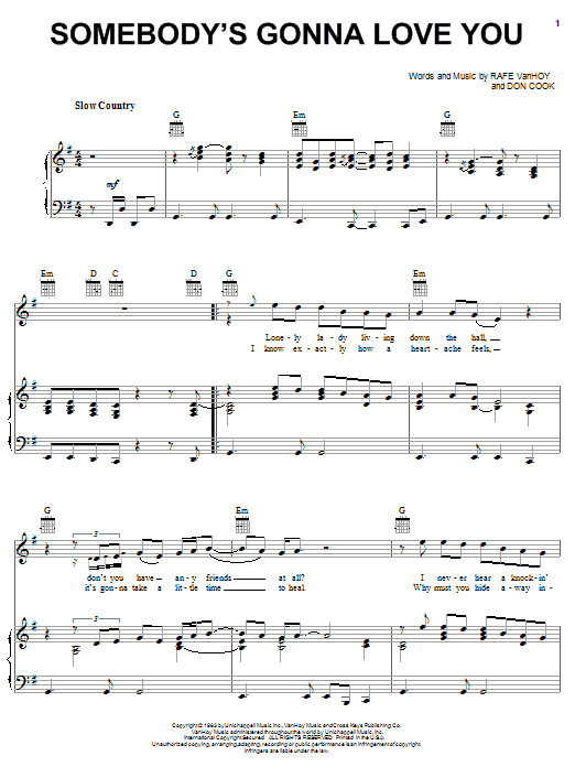 Download Lee Greenwood Somebody's Gonna Love You Sheet Music and learn how to play Piano, Vocal & Guitar (Right-Hand Melody) PDF digital score in minutes