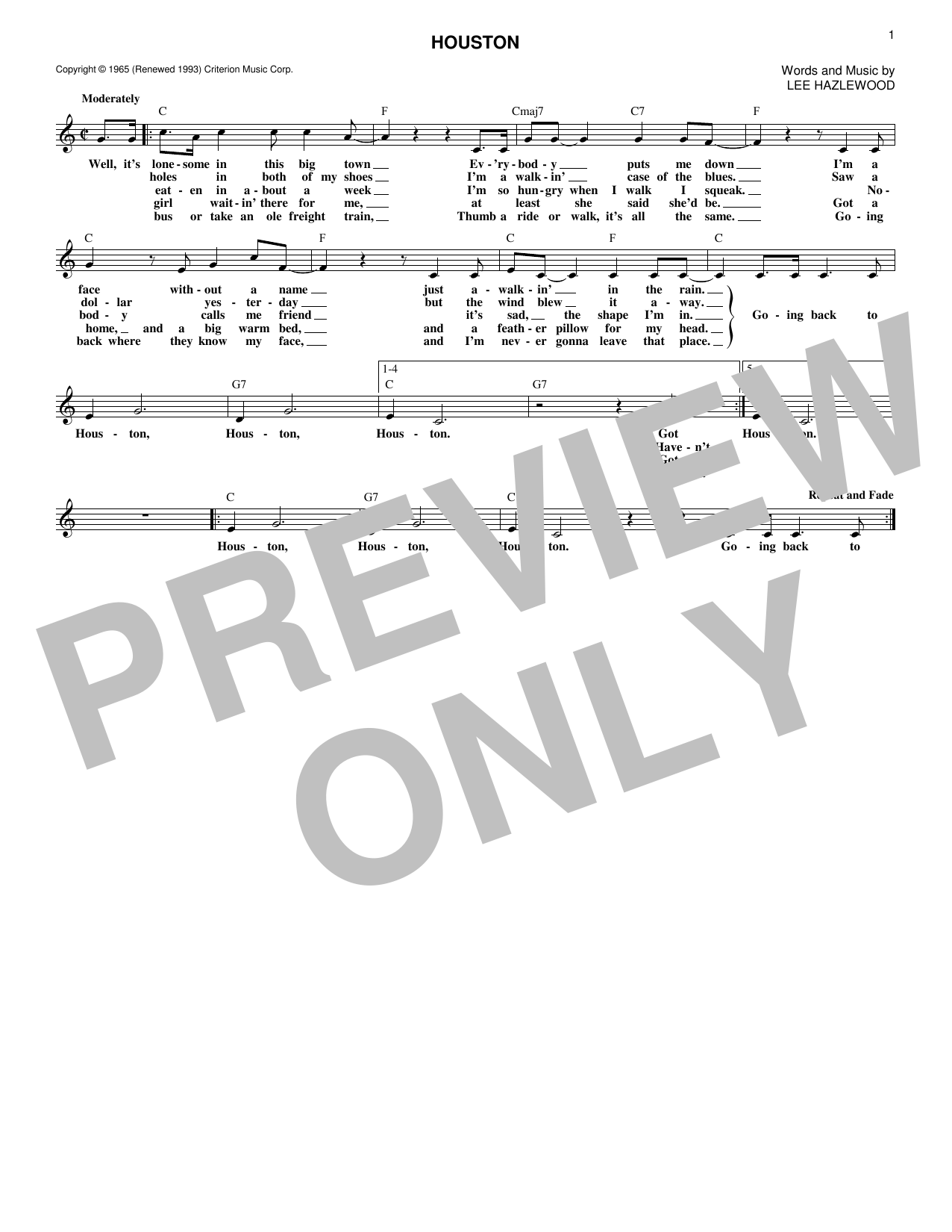 Download Lee Hazlewood Houston Sheet Music and learn how to play Melody Line, Lyrics & Chords PDF digital score in minutes