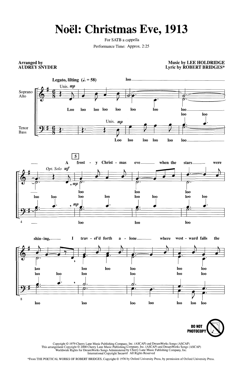 Download Lee Holdridge Noel: Christmas Eve, 1913 (arr. Audrey Snyder) Sheet Music and learn how to play SATB Choir PDF digital score in minutes