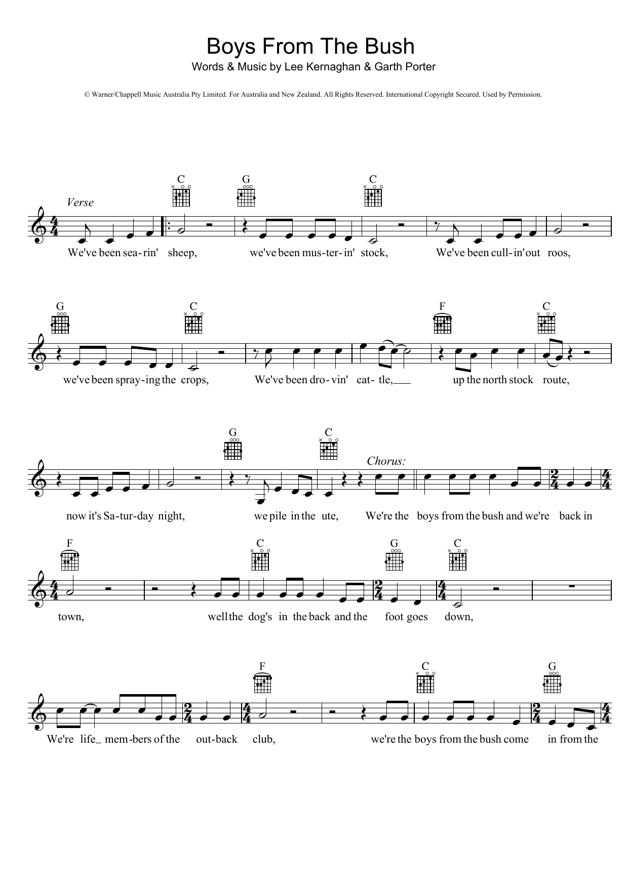 Download Lee Kernaghan Boys From The Bush Sheet Music and learn how to play Melody Line, Lyrics & Chords PDF digital score in minutes