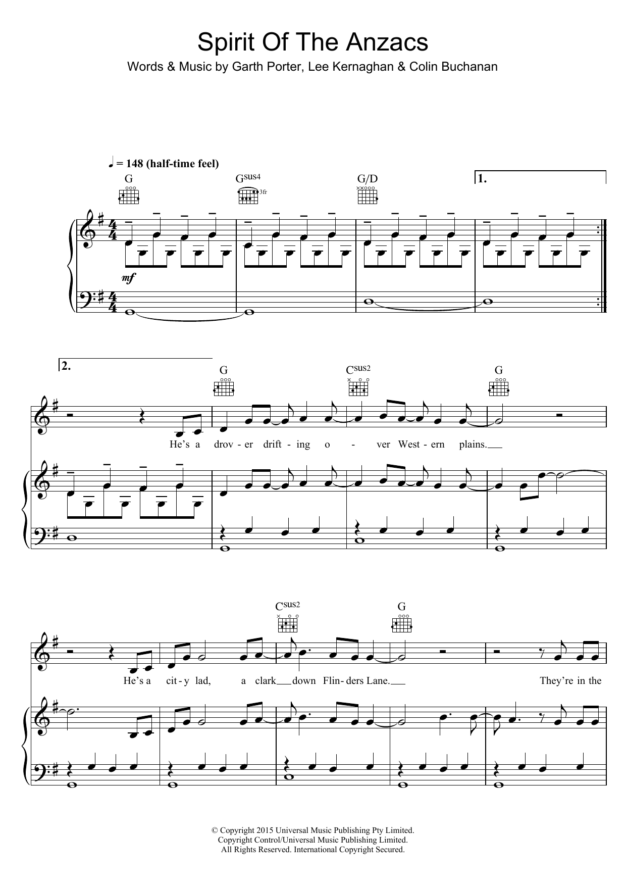 Download Lee Kernaghan Spirit Of The Anzacs Sheet Music and learn how to play Piano, Vocal & Guitar (Right-Hand Melody) PDF digital score in minutes