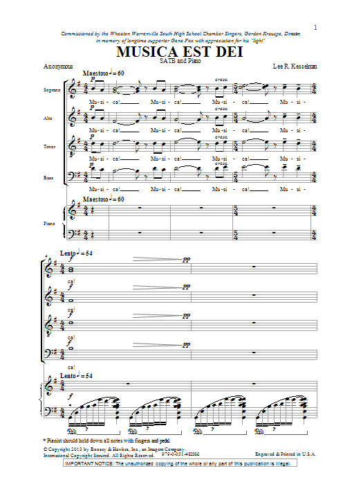 Download Lee Kesselman Musica Est Dei Sheet Music and learn how to play SATB PDF digital score in minutes