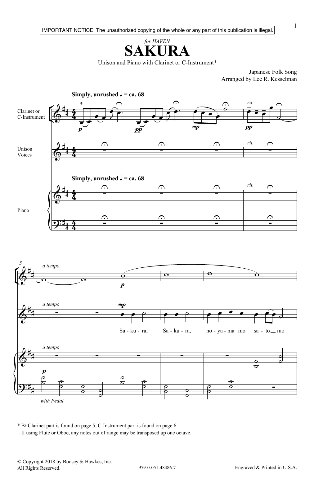 Download Lee Kesselman Sakura Sheet Music and learn how to play Unison Choir PDF digital score in minutes