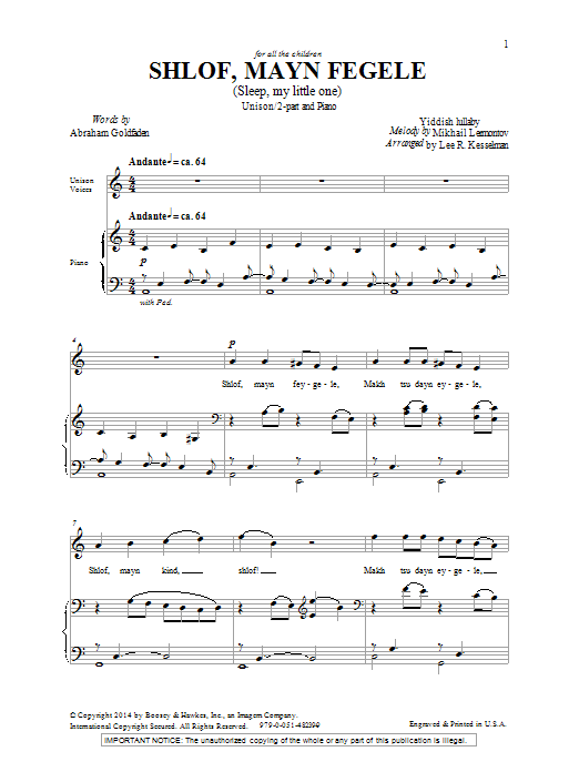 Download Lee Kesselman Shlof, Mayn Fegele (Sleep, My Little One) Sheet Music and learn how to play Unison Choral PDF digital score in minutes